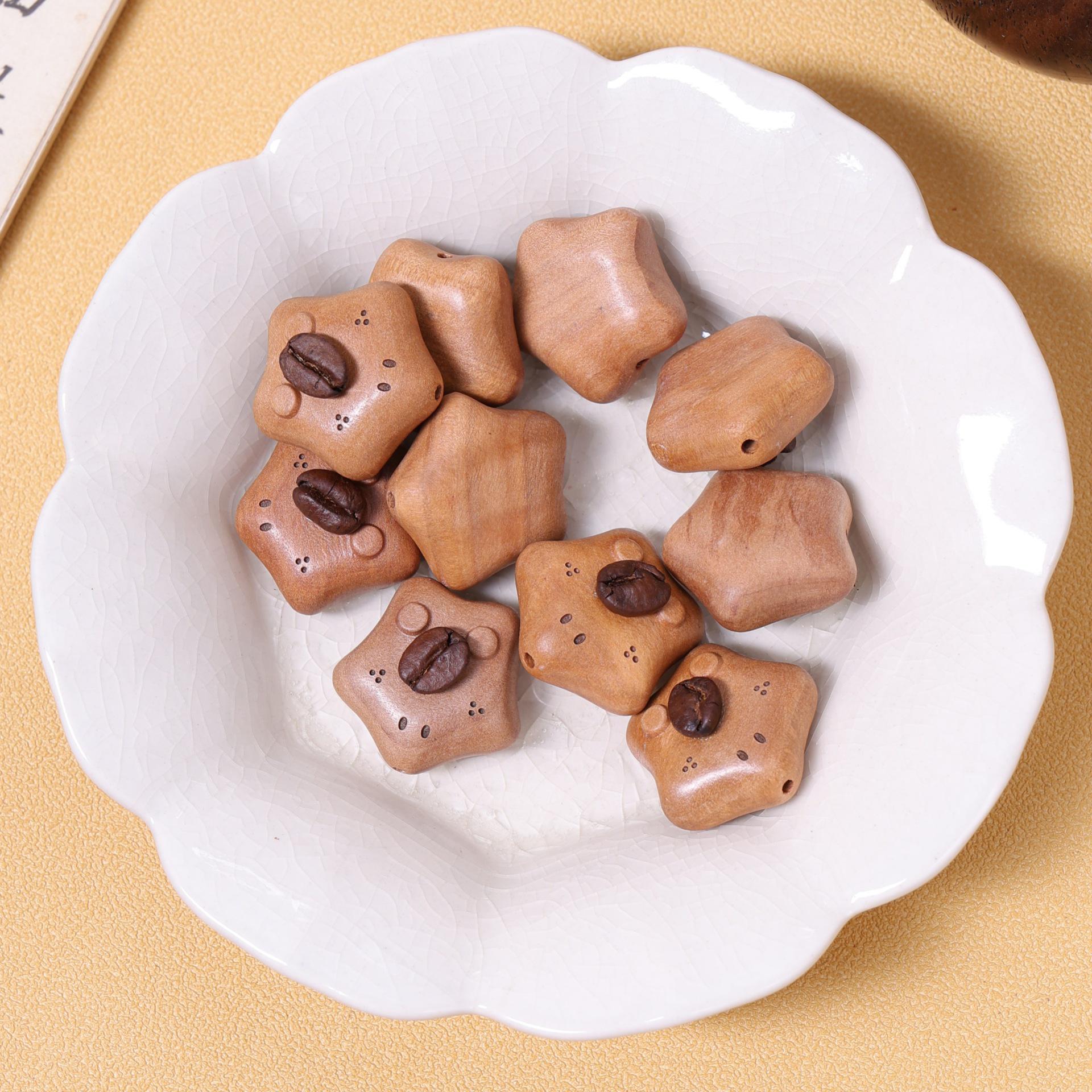 Peach Wood Coffee Bean Pendant & Bead Kit - Creative Bear & Kitten Design for DIY Bracelets