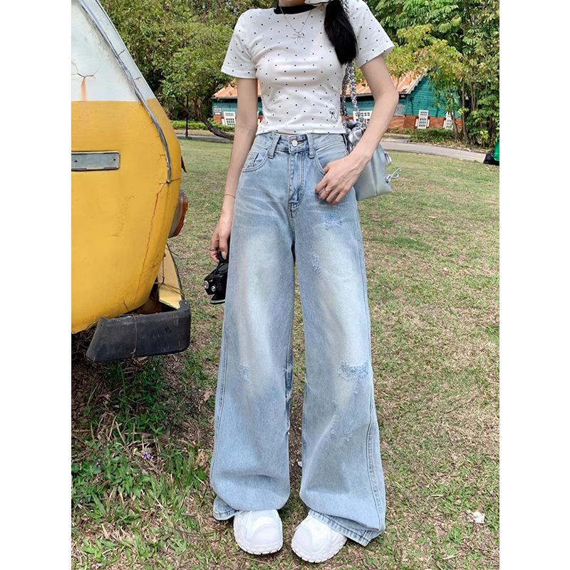Spring/Summer 2024 Light Ripped High-Waist Wide-Leg Jeans for Women