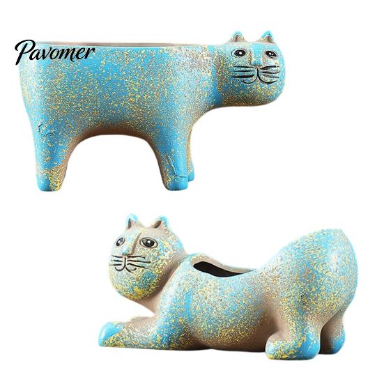 Breathable Clay Flower Pot Ceramic Cat Planter, Cute Kitty with Drainage Hole, Stable Base Planter Decorative Plant for Succulents Cactus Indoor Table
