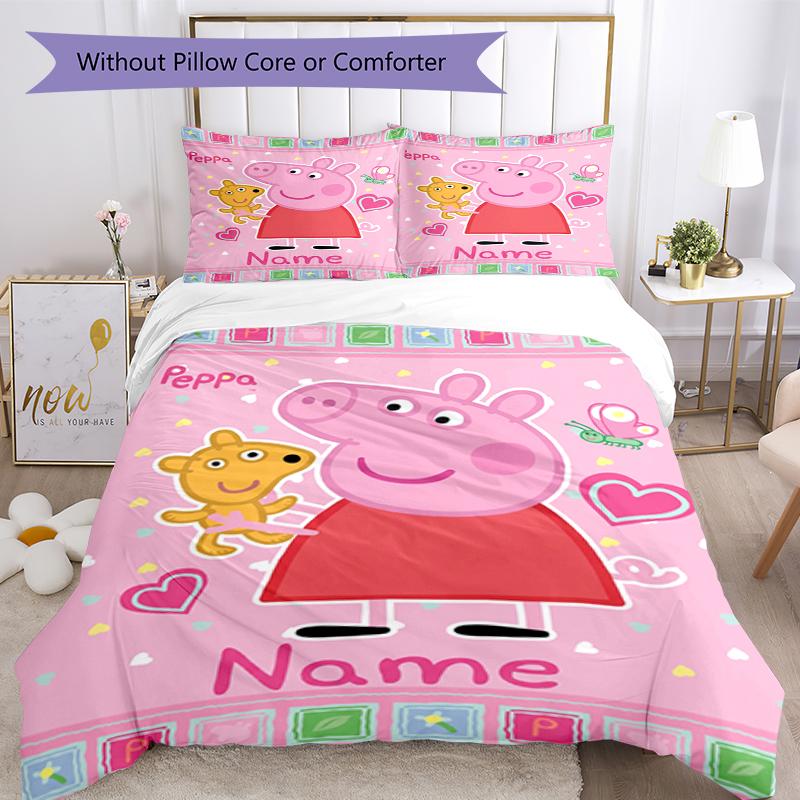 3Pcs Custom Name Peppa Pig Bedding Set Duvet Cover Closure Includes 1Duvet Cover 2Pillowcases Soft And Comfortable For All Seasons