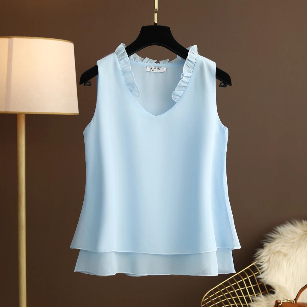Women's Summer Solid Color V-Neck Plus Size Chiffon Shirt Design Loose Sleeveless Bottom Tank Top