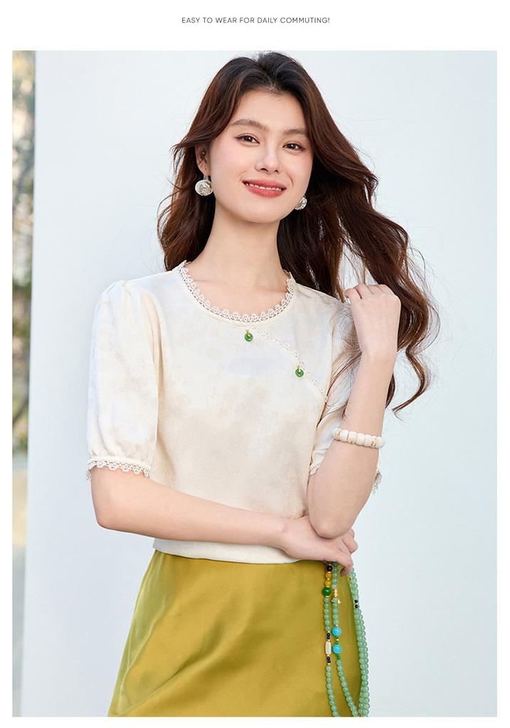 26 Year New Summer Lace Patchwork Fashionable Chinese Style Short Sleeved Shirt T-shirt Women's Shirt Top Women's Clothing