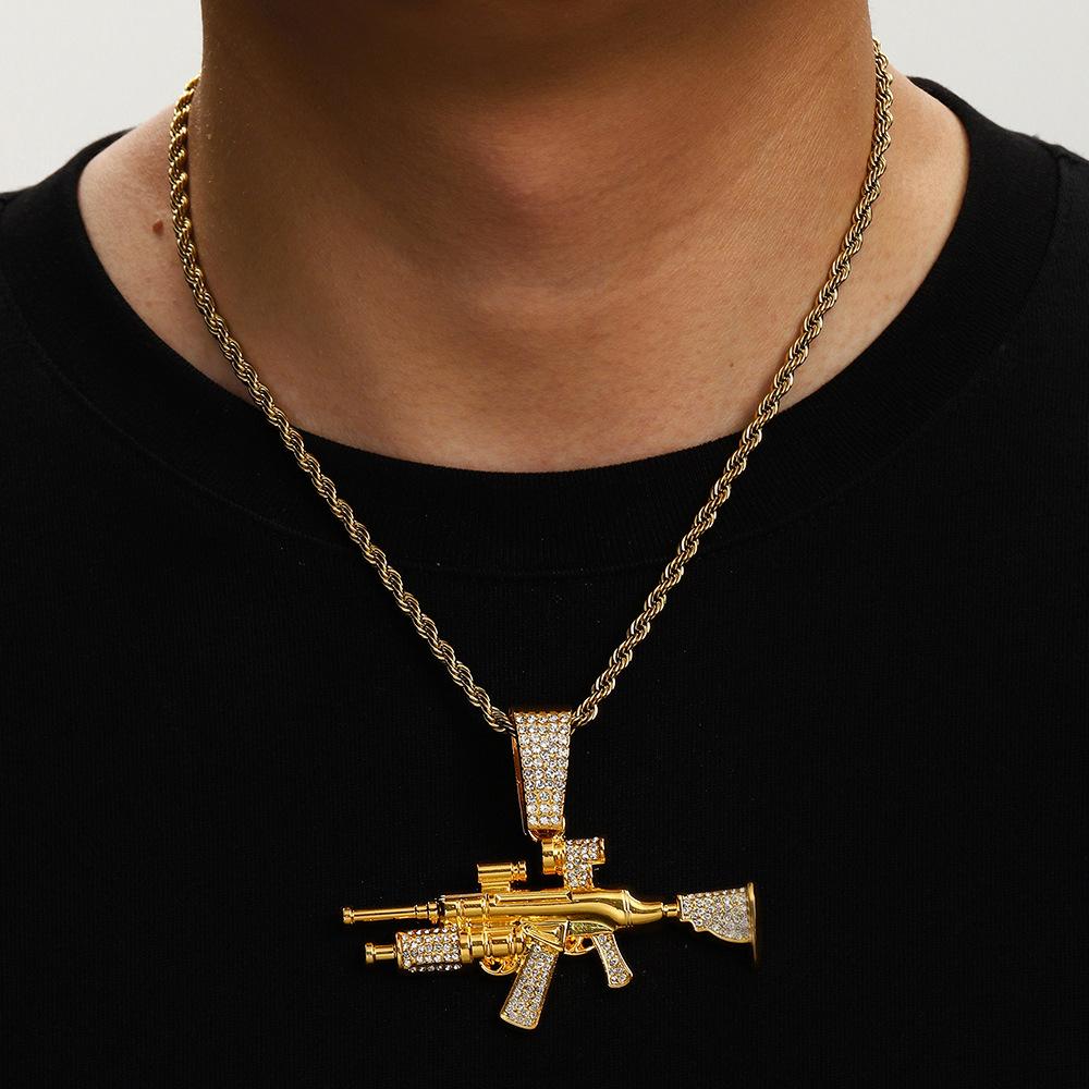 Diamond Gun Jewelry Alloy Simulation Ak Weapon Model Flash Diamond Jewelry Hip Hop Men'S Necklace Full Diamond