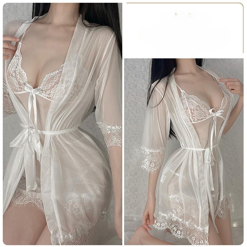 Set Lenjerie de Noapte Sexy Transparentă din Plasă pentru Femei Dulce Rochie Cami cu Fundiță din Dantelă cu Halat și Tanga