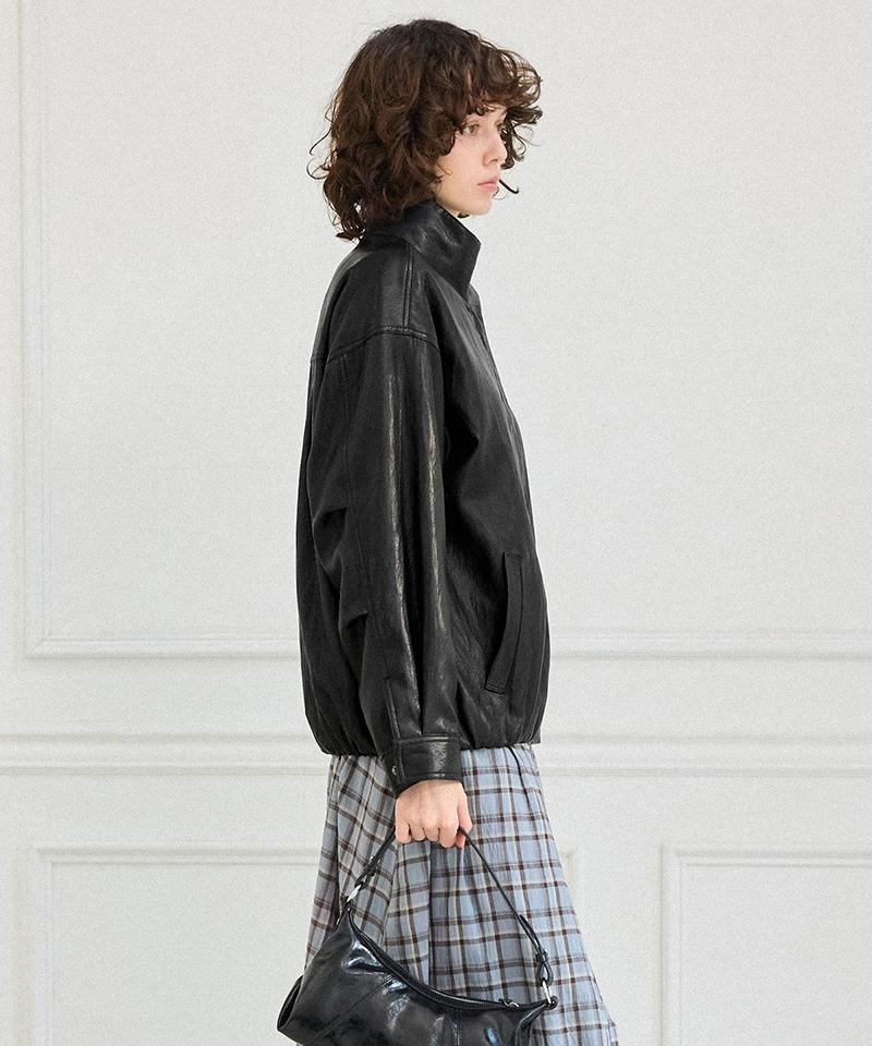 LEFTSEOUL Synthetic Leather High-Neck Blouson [Black]