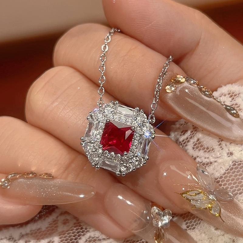 Jewelry Set Earrings Necklace Ring Colorful Ruby High-end Feeling Light Luxury Fashionable Women's