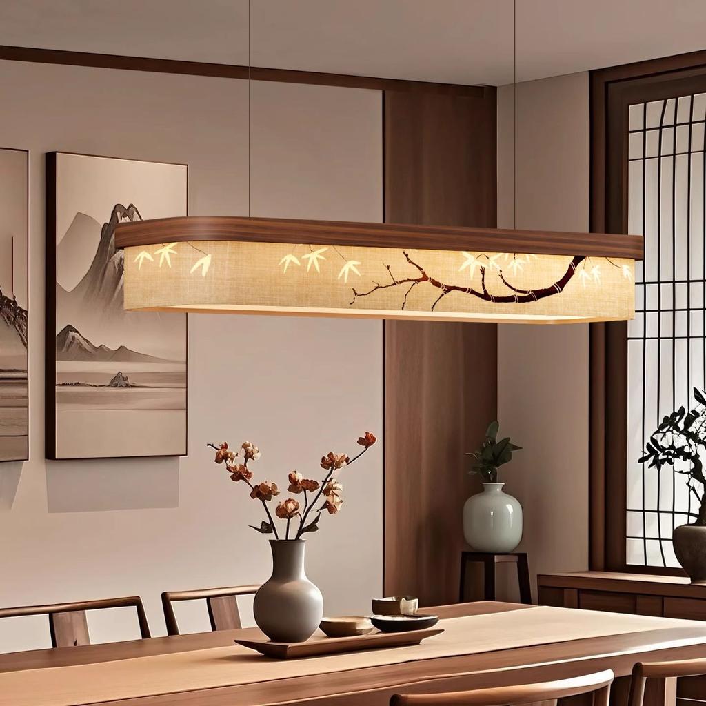 Rectangular Dining Room Pendant Lamp, Solid Wood Fabric, Ink-wash Painting, Bamboo Branch, Tea Room, Bar, Table Lamp