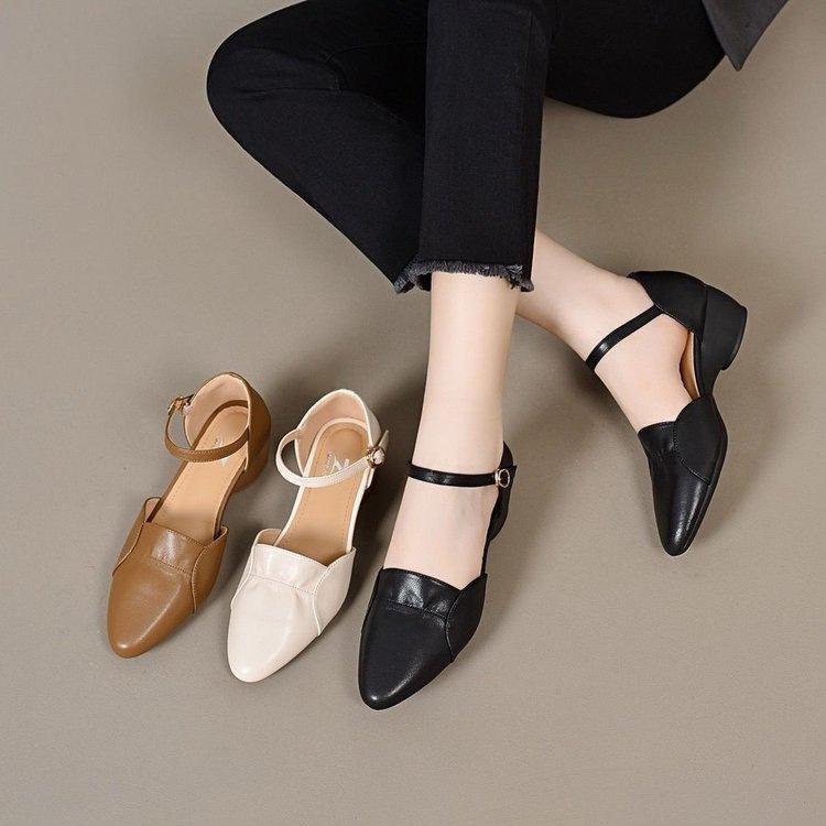 French bag head sandals thick heel new summer pointed retro soft leather summer cool leather shoes