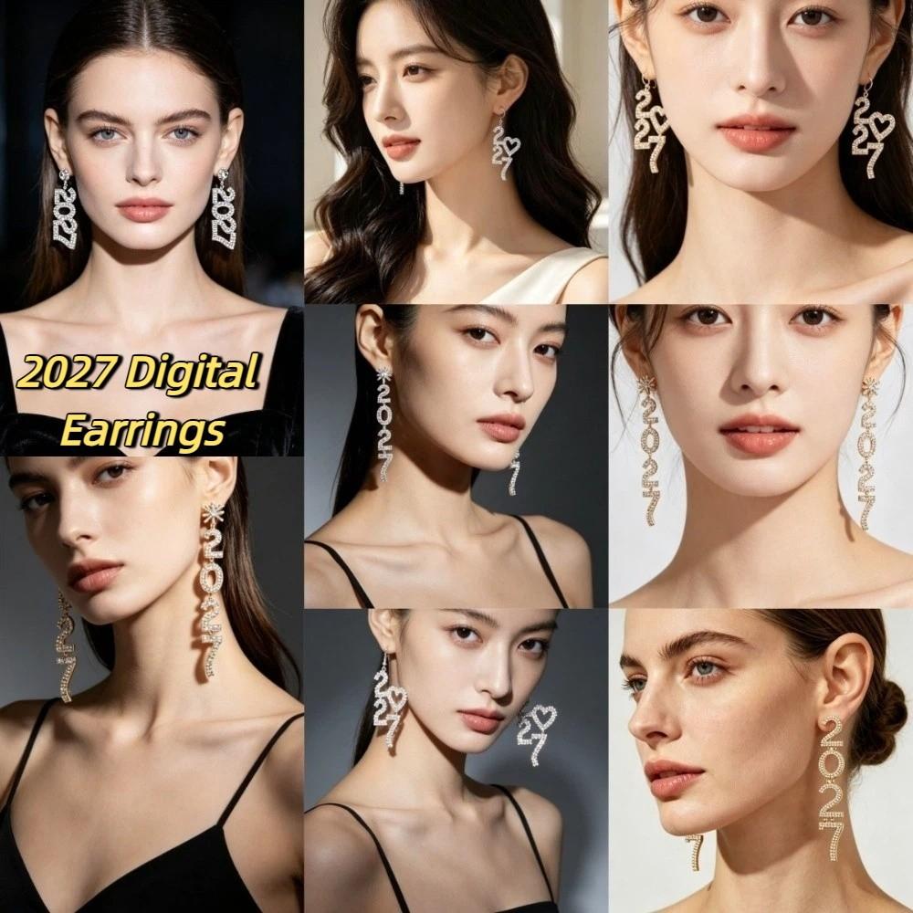 Rhinestone 2027 Digital Earrings Elegant Stud Earrings Happy New Year Earrings  Daily
