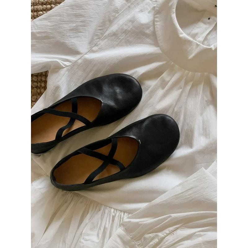 "Sheepskin Edition" Genuine Leather Korean New Cross Ballet Shoes Women's Round Head Light Mouth Versatile Mary Jane Single Shoes Women