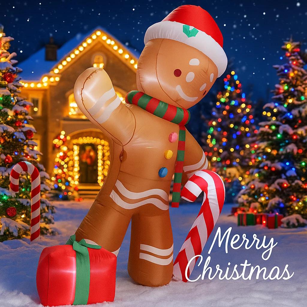 7.87FT Inflatable Toy Gingerbread Man Candy Cane Gift Xmas Yard Decoration LED Lit Christmas Supplies Home Ornament Festive Gift