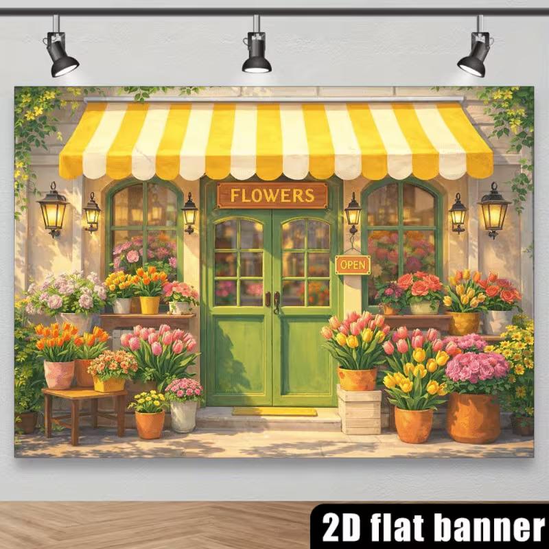 2D Bright Florist Shop with "OPEN" Sign Photography Background