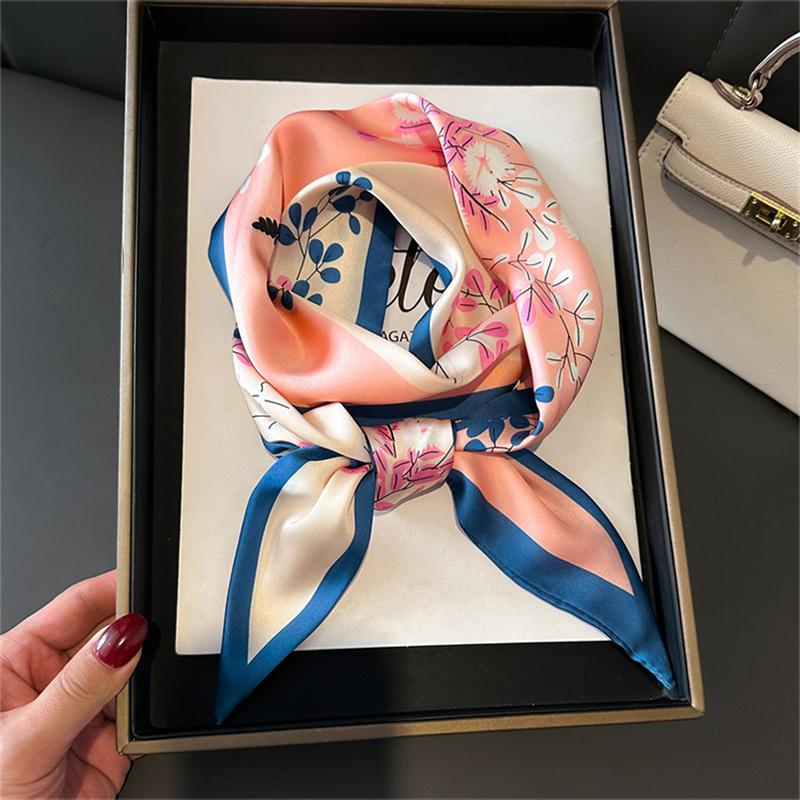 

Luxury Pink Flower Pattern Long Narrow Silk Feel Scarf Shawl for Women Small Silk Scarf Lady Double-Sided Headband Accessories 14x147cm