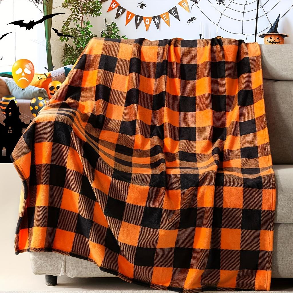 Halloween-Decke Orange Schwarz Kariert Weich Gemütlich Plüsch Festliches Design Heimdekoration Sofa Couch Wohnzimmer Feierparty Geschenk