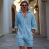 Traje Informal de Algodón y Lino para Hombre Verano Conjunto de 2 Piezas Camisa Informal de Manga Larga con Capucha de Color Sólido y Pantalones Cortos para Hombre