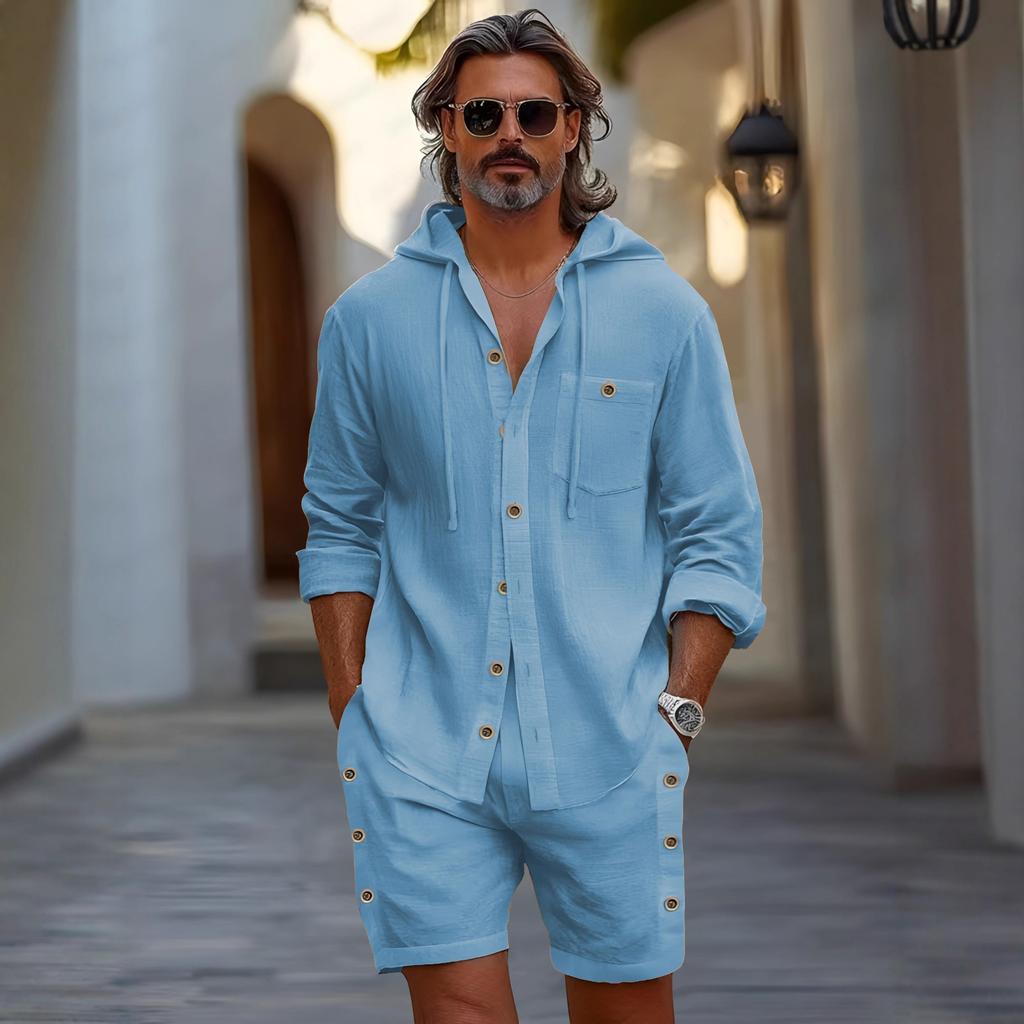 Traje Informal de Algodón y Lino para Hombre Verano Conjunto de 2 Piezas Camisa Informal de Manga Larga con Capucha de Color Sólido y Pantalones Cortos para Hombre