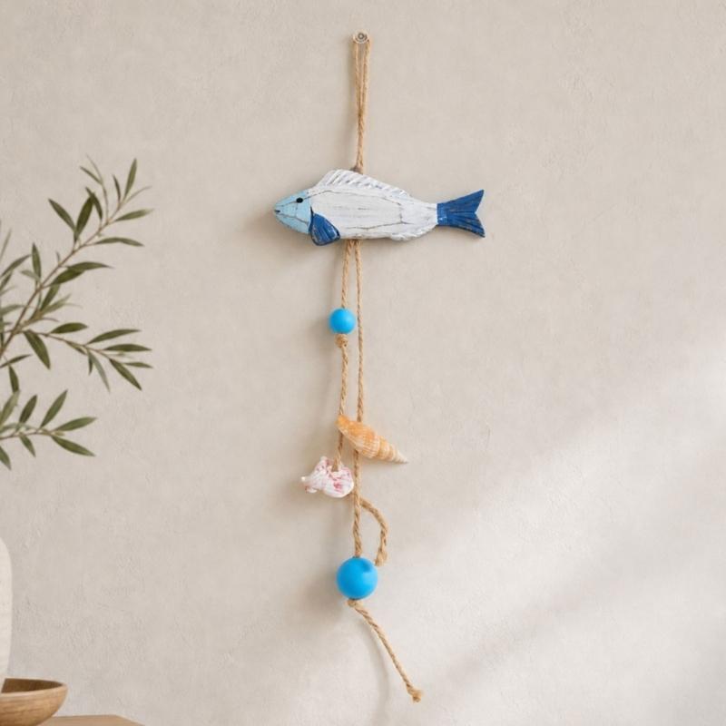Wood Fish Wall Hanging Decors for Entryway, Bedroom, or Living Room, Ocean Theme Piece with Rope and Color Detail Trim