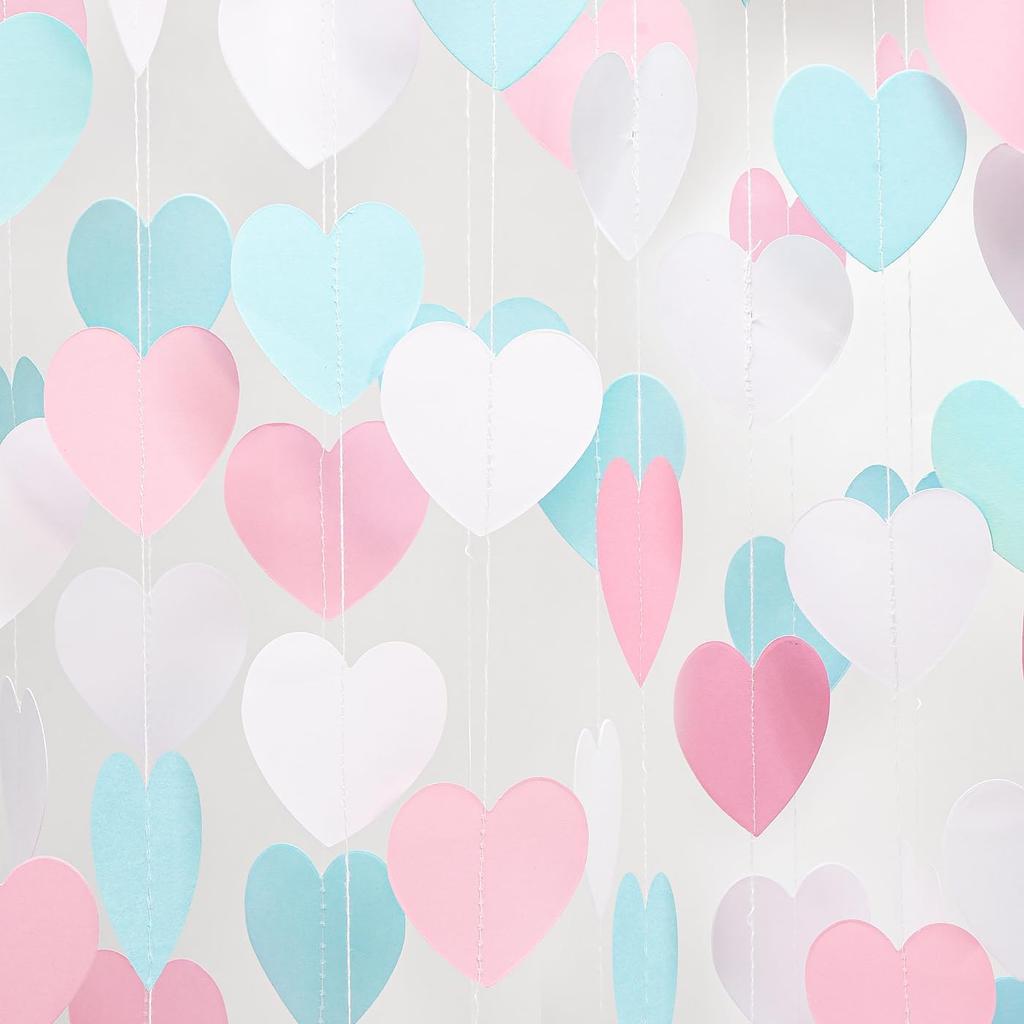 Rose-Gold Pink Burgundy Valentines Decorations - Paper Heart Garland 52ft Hanging Streamer Banner Engagement Mothers Day Wedding Anniversary Bridal