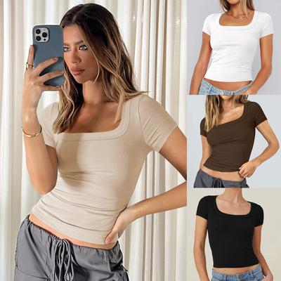 Y2K Summer Naked Short Women's Wear Slim Fit Square Neck Short Sleeve T-shirt Thread Knitted Top