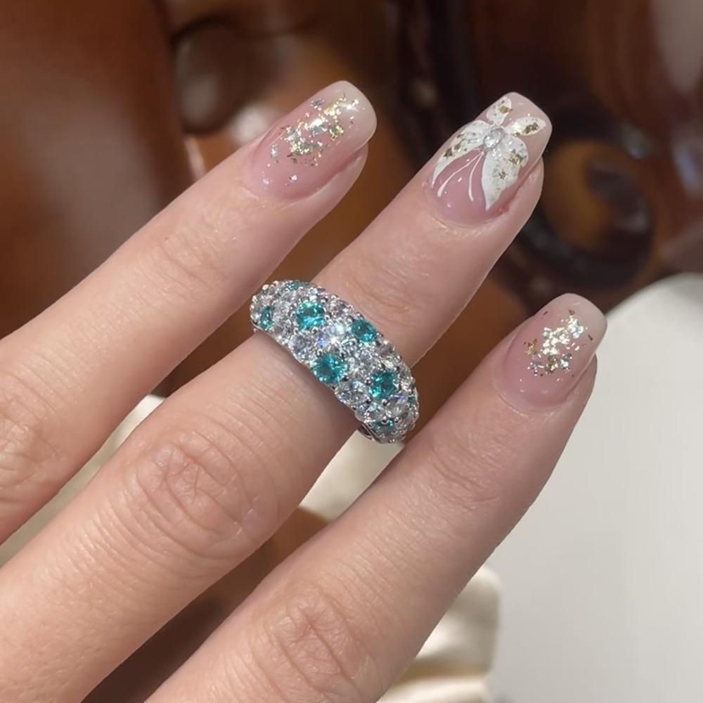 Women Rings Plant Theme Paraiba Mint Puff Full Diamond Pink Sapphire Ring adjustable