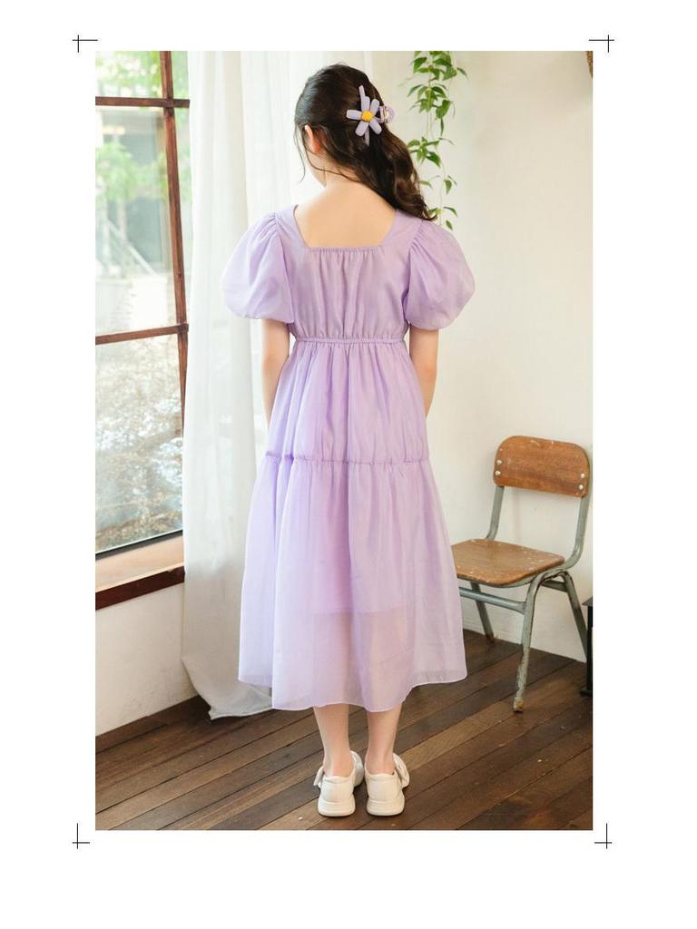 Girls' Chiffon Summer Dress, Short Bubble Sleeves, Long Korean Princess Style 2023.