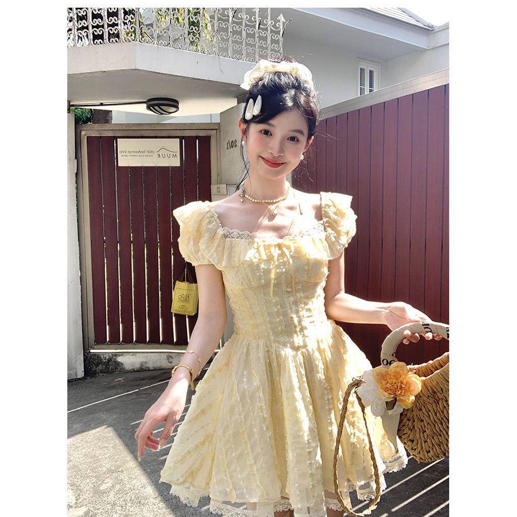 Women's Yellow Square Neck Puff Sleeve Dress – Petite Summer Style with Sweet Cinched Waist Short Skirt
