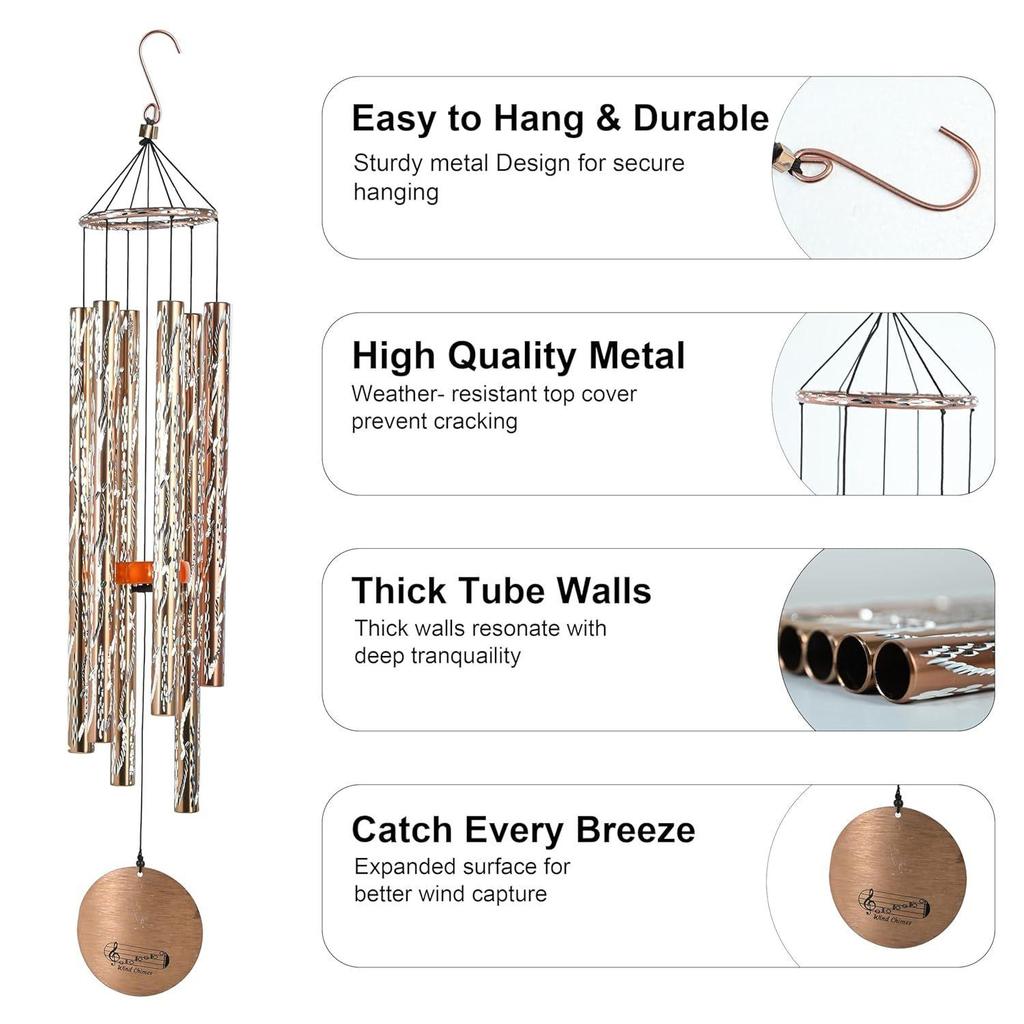 Windspiel für Balkon - Große Bronze-Windspiele – 38 Zoll mit 6 Pfeifen für Balkon, Garten, Haus & Wohnzimmer |