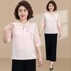 Spring & Summer Chinese Style Embroidered Chiffon Blouse for 50-Year-Old Women with Seven-Point Sleeves