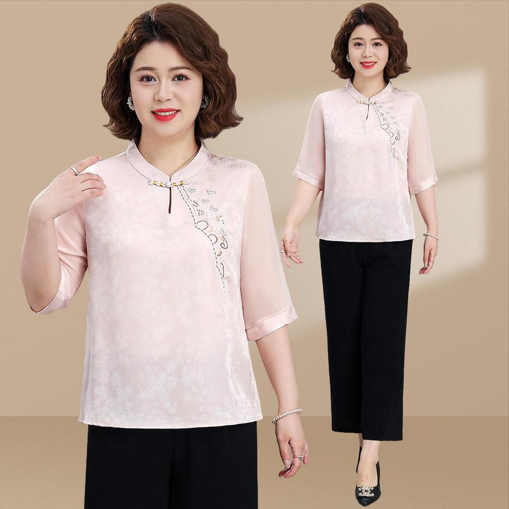 Spring & Summer Chinese Style Embroidered Chiffon Blouse for 50-Year-Old Women with Seven-Point Sleeves