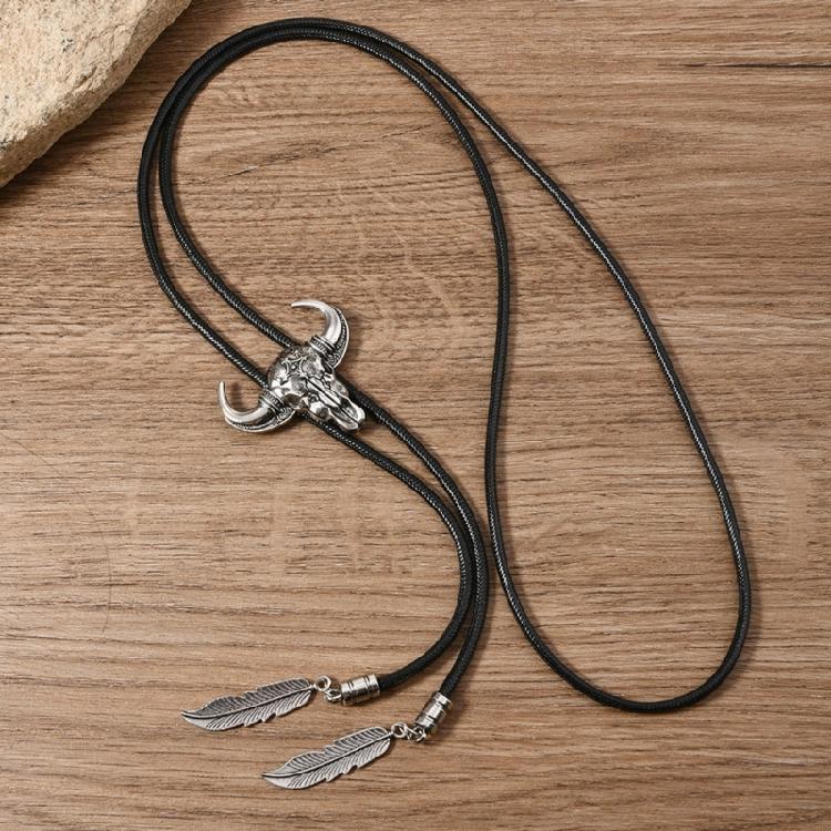 Men Women Western Cowboy Bolo Tie Vintage Turquoises Pendant Jewelry Leather Rope Necktie Tie Metal Feather Necklace