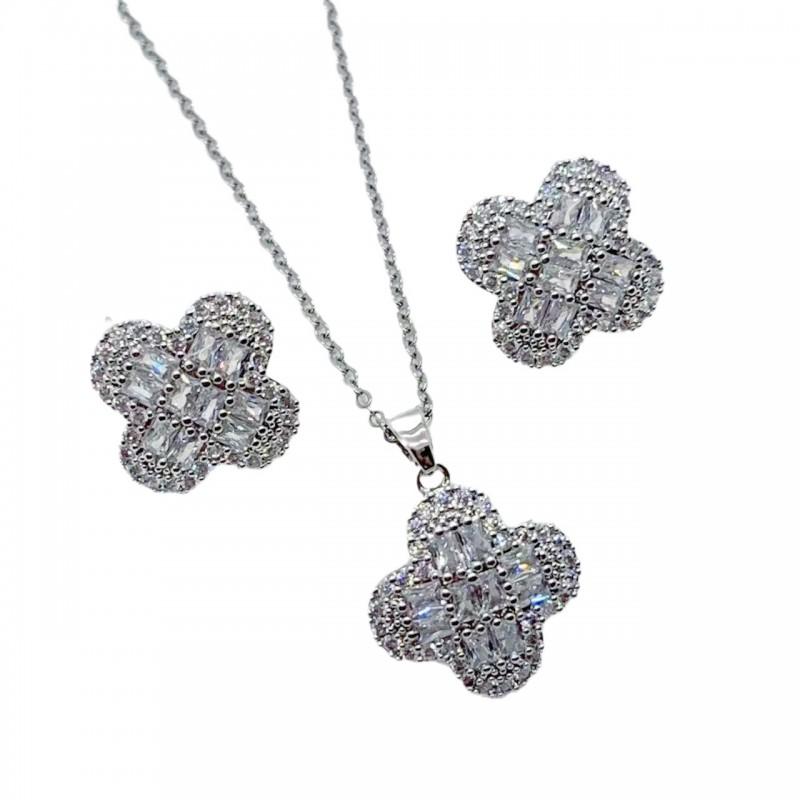 Dainty Zirconia-Encrusted Four-Leaf Clover Necklace Earring Set In Gold Or White Finish Lightweight O-Chain Jewelry Women