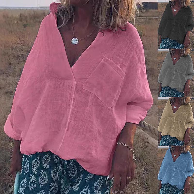 Pevná dámská halenka s dlouhým rukávem a výstřihem do V