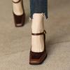Spring and Summer Single Shoe Women's Patchwork Thick Heel Single Buckle Belt French Square Toe High Heels Anti Slip Shoes