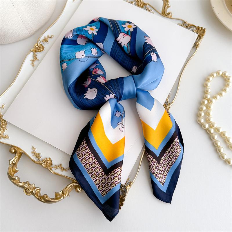 Summer New Flower Printing Scarf Simulation Silk 71cm Small Square Scarf Simple and Versatile Sun Protection Professional Scarf Women