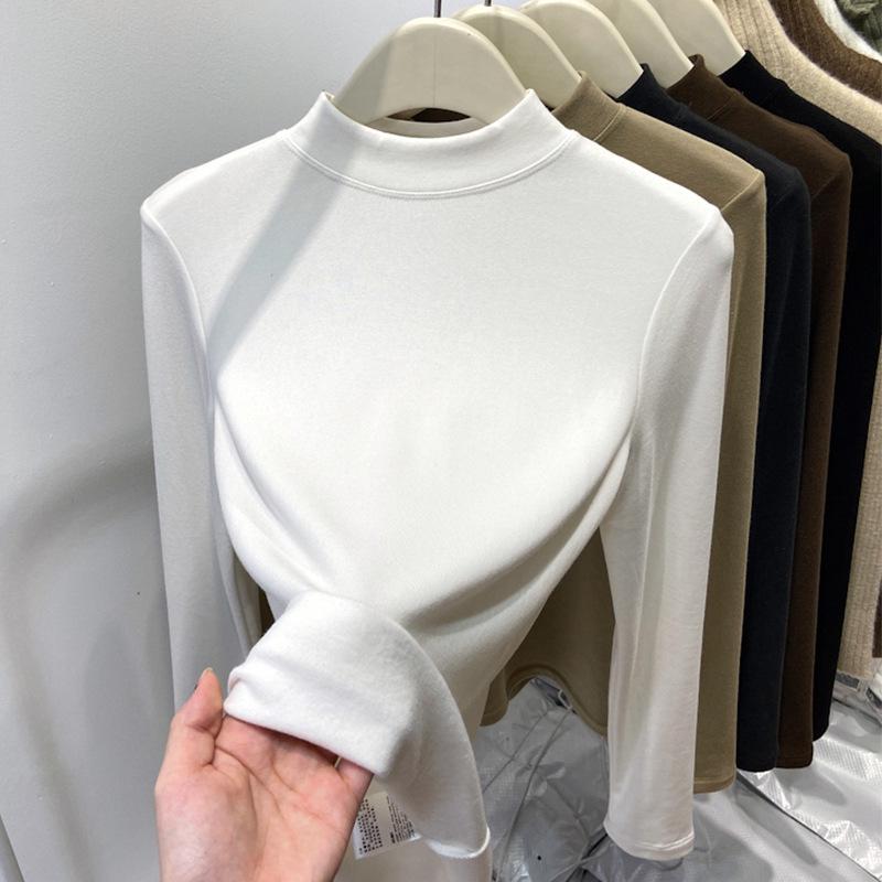 Women's Slim Fit Fleece-Lined Stand Collar Shirt, Brushed Thin Fleece, Long-Sleeve T-Shirt, Autumn/Winter 2025