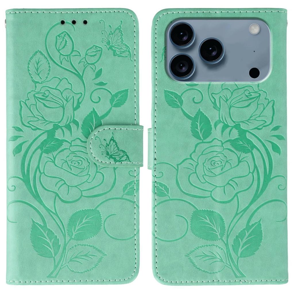 For iPhone 17 Pro Case Wallet Stand Imprinted Rose Butterfly PU Leather Phone Cover