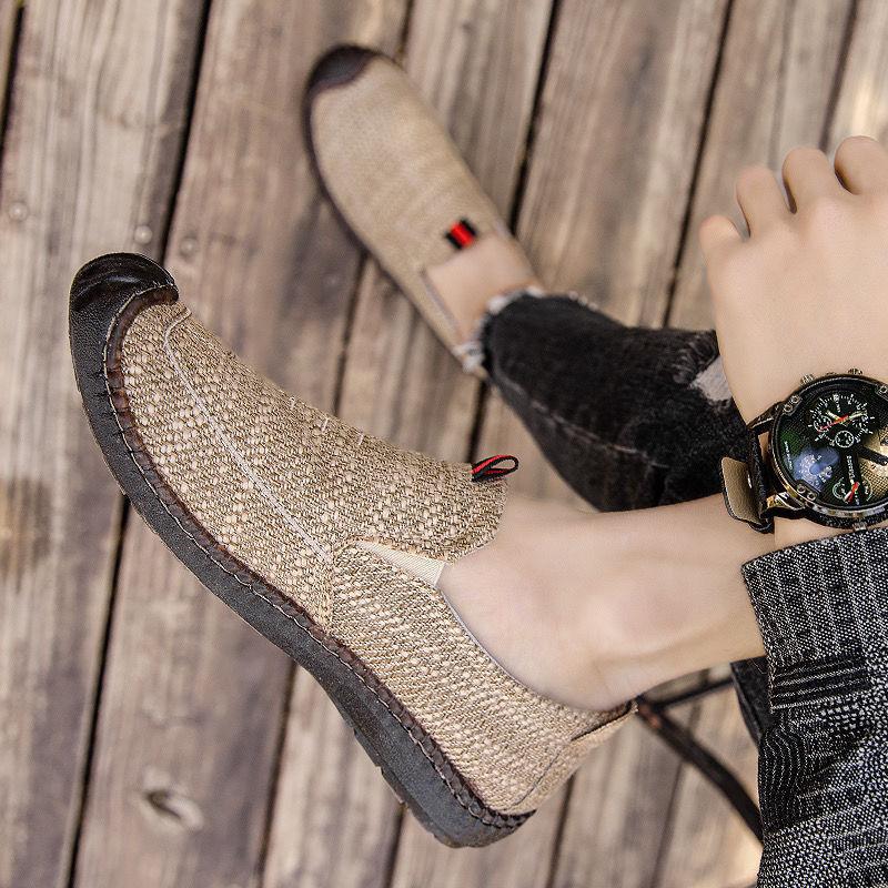 Spring and summer fashion breathable linen toe men's shoes, cow tendon soles, middle-aged and elderly dad shoes, a foot lazy beanie shoes