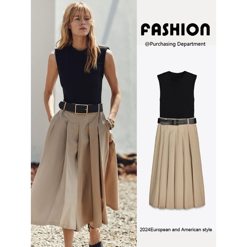 Za2025 Summer New Product Women's Clothes with Belt Strap Padded Shoulder Patchwork round Neck Sleeveless Dress 0387052 088