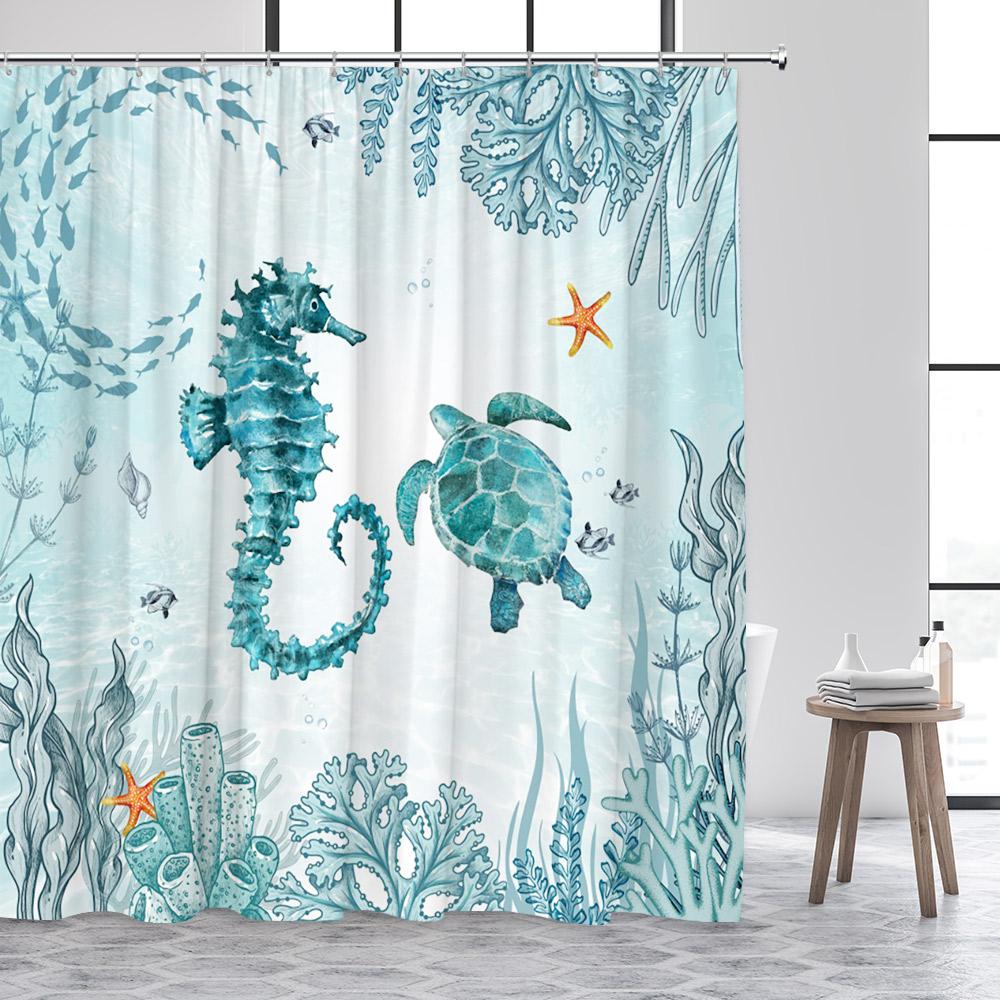 Ocean Sea Turtle Shower Curtain Seahorse Starfish Seagrass Fish Animals Underwater Scenery Fabric Bathroom Curtains Decor Set