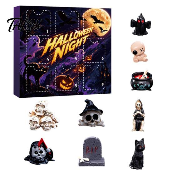 Miniature Horror Theme Ornaments Halloween Advent Calendar with 9 Mini Resin Figures, Day Spooky Countdown Small Props To Calendar, Surprise