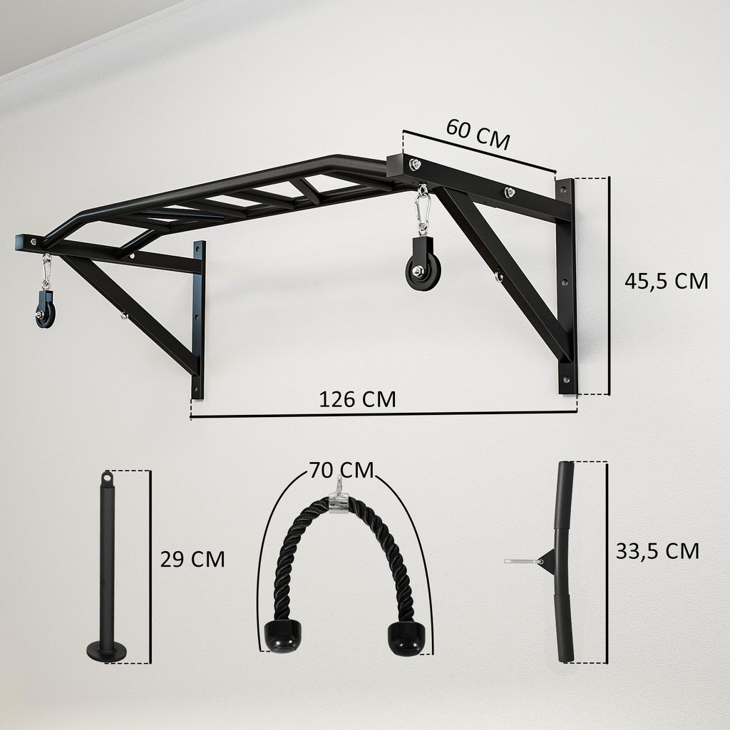 Wall-Mounted Pull-Up Bar Multi-Grip Fitness Bar with Cable Pulley System, 200kg Load, Steel 126x60x45.5cm, Black
