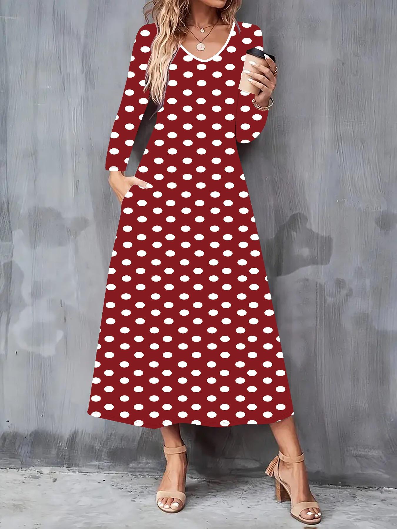 

2025 Осень и Зима Новое Женское Повседневное Модное Платье 3D Принт в Горошек Длинный Рукав V-образный Вырез А-силуэт Платья S