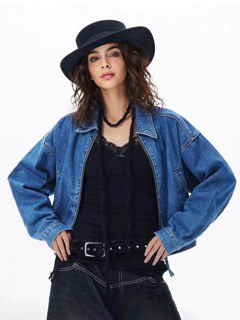 2025 Autumn Women's European & American Street Style Denim Jacket - Trendy Cotton Lapel with Long Sleeves