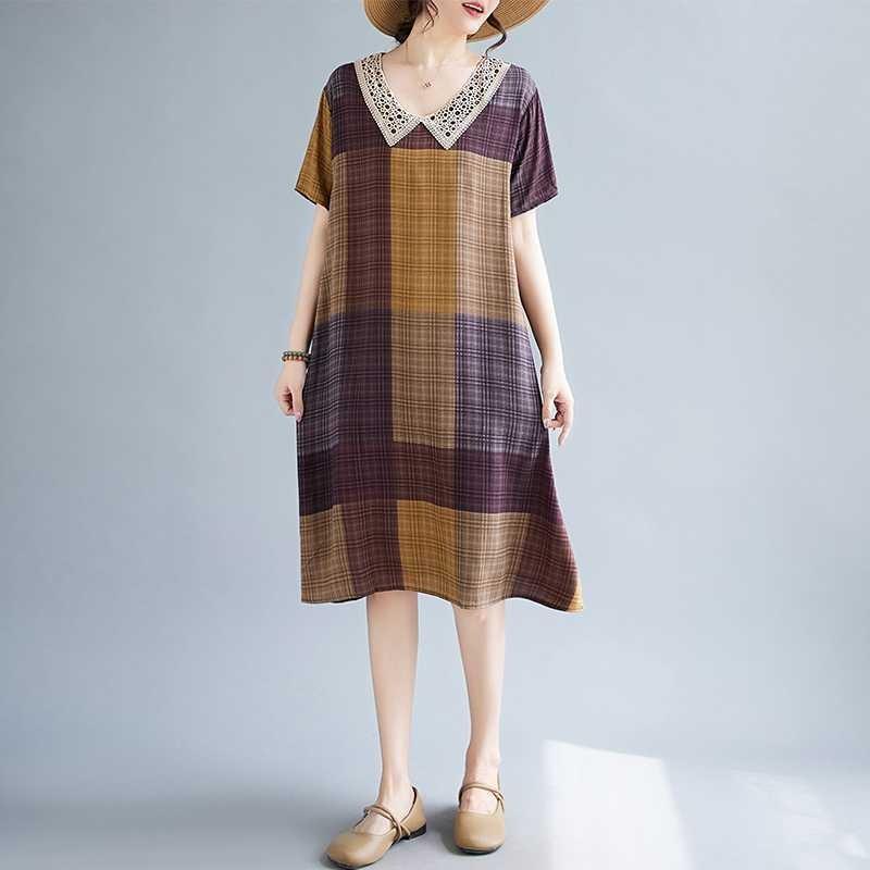 Summer Women's Literary Small Lapel Plaid Floral Dress Short Covered Flesh Skinny Skirt
