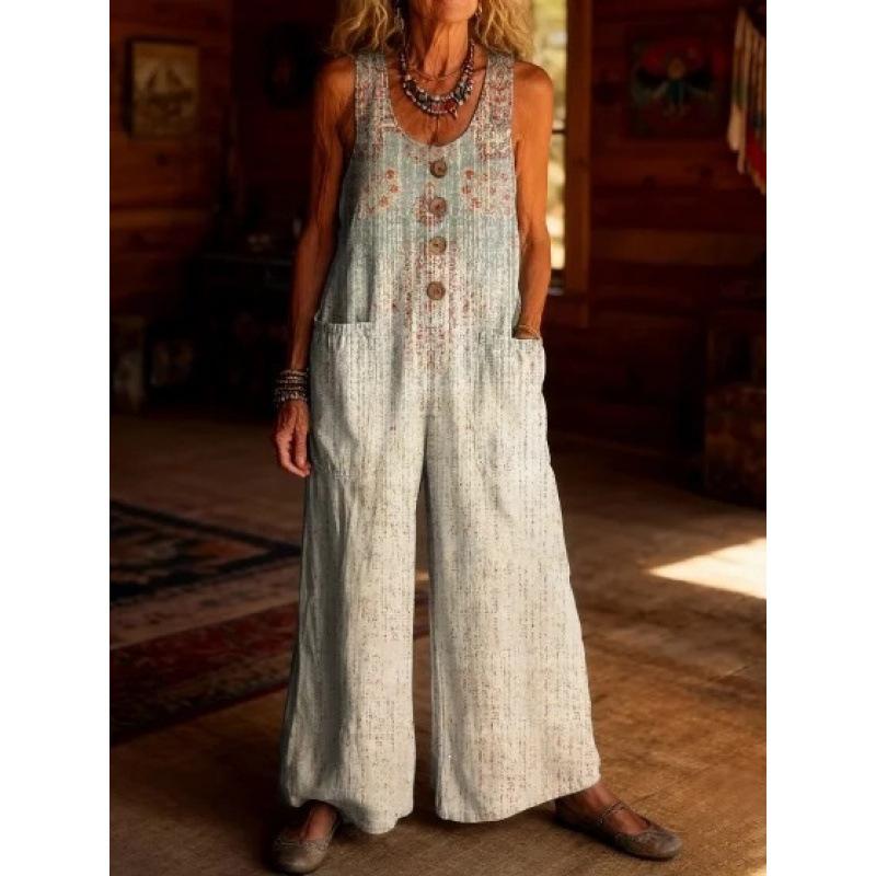 2026 Women's Vintage Summer Cotton and Linen Button Pocket Comfortable Sleeveless Casual One-piece Wide Leg Jumpsuit