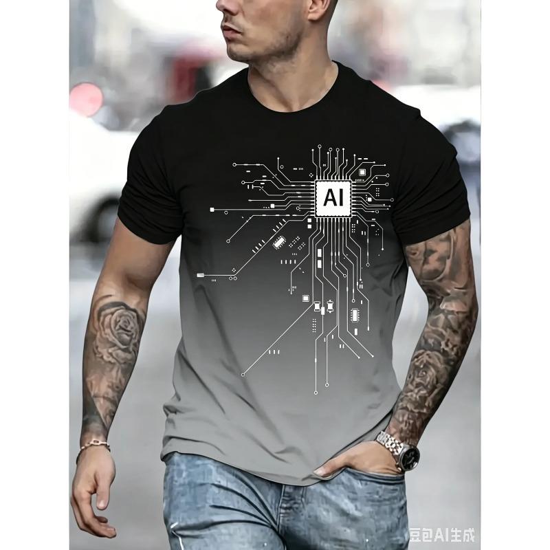 2026 New Men's AI Circuit Board Print T-shirt Gradient Crew Neck Short Sleeve Casual Tee for Streetwear Summer Breathable Tops