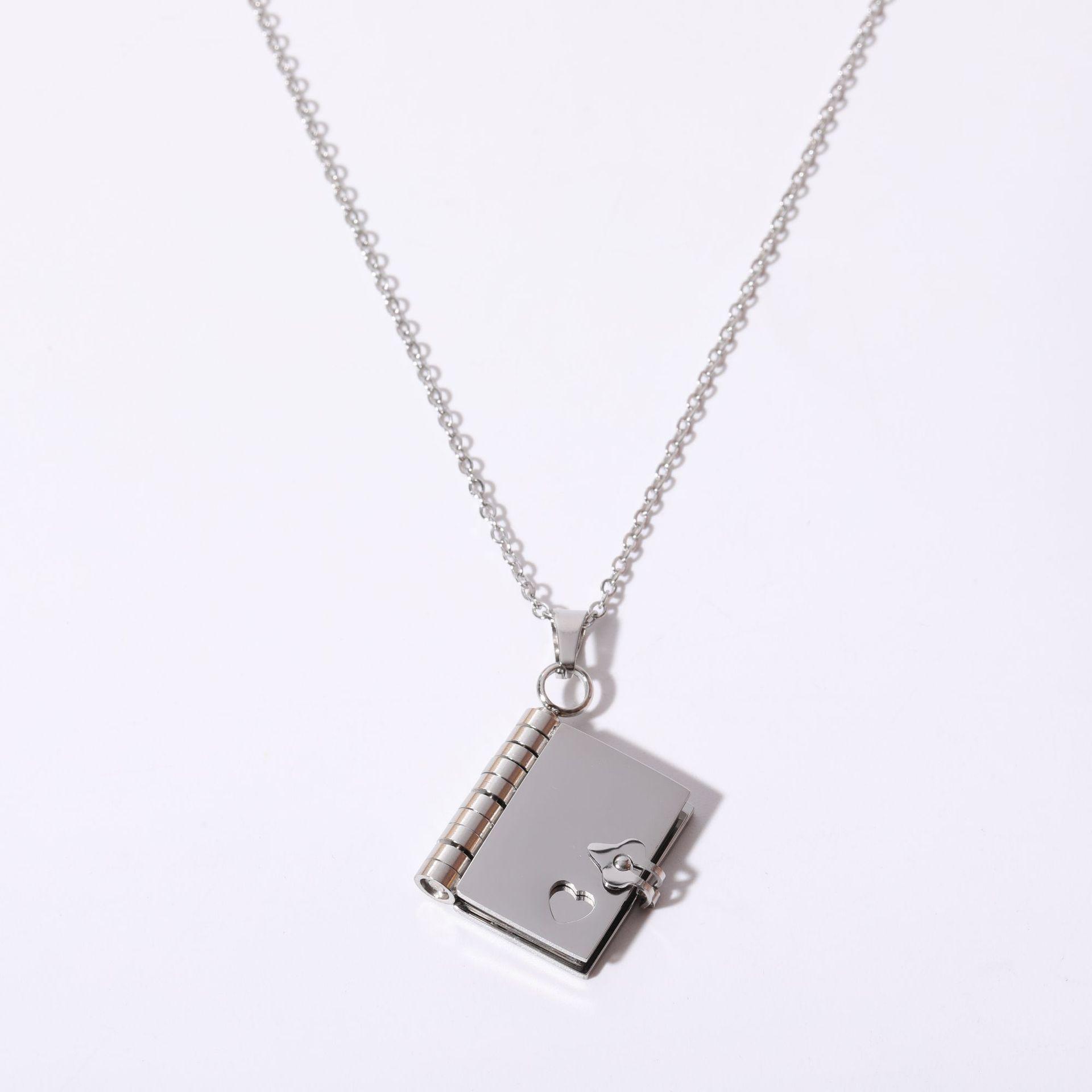 

Stainless Steel Couple Book Pendant Necklace Titanium Steel Love Opening and Closing Book Women s Sweater Chain 45cm
