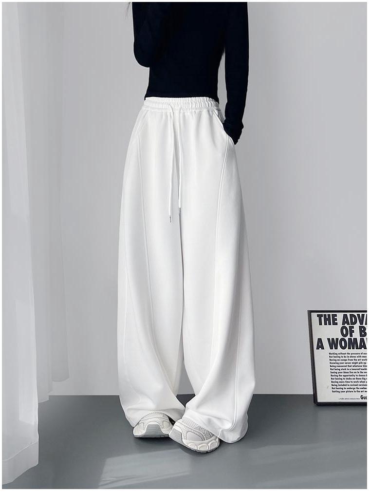 Red High-Waisted Wide-Leg Fleece-Lined Sweatpants for Girls & Women - Drapey Lazy Style Slimming Plus-Size Autumn New Arrival