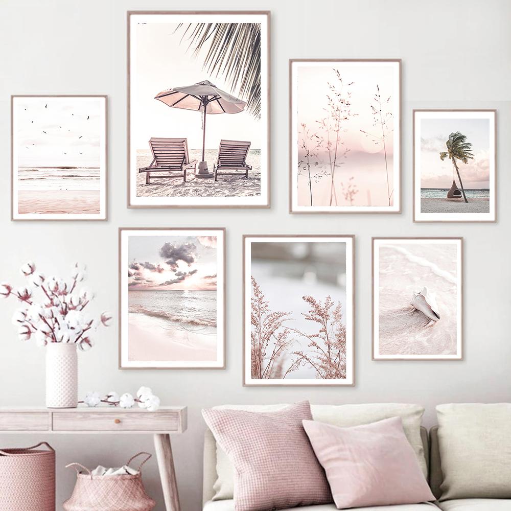 Pink Seascape Wall Art Canvas Painting Sunshine Beach Wall Poster Print Starfish Palm Tree Prints Nordic Wall Picture Home Decor