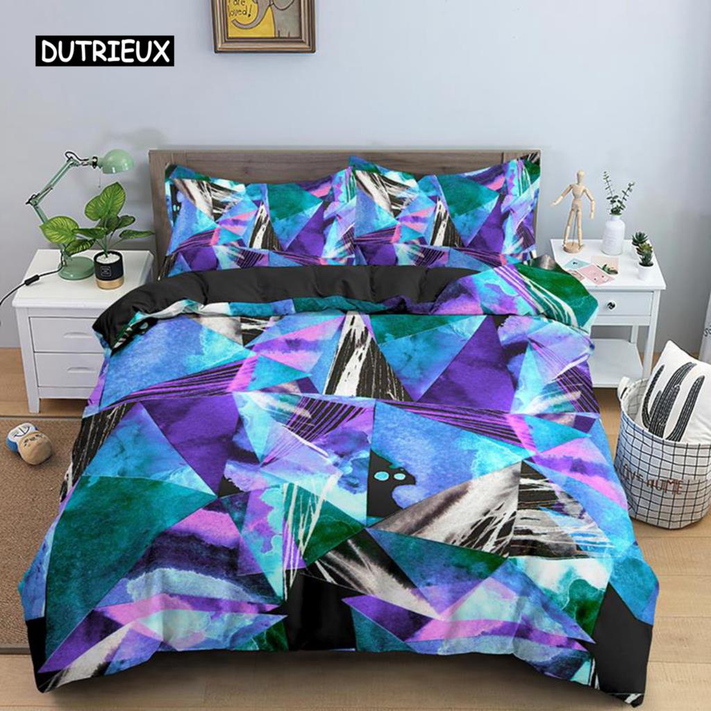 Geometric Duvet Cover Set Retro Morden Color Neon King Queen Quilt Cover Pillowcase 2/3pcs Psychedelic Polyester Bedding Set